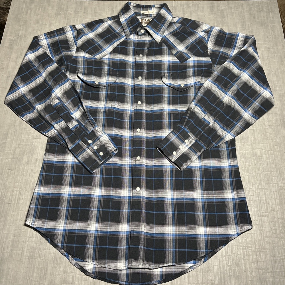 Ely Cattleman Shirt Men's Size M Black Blue Plaid Western Pearl Snap Long Sleeve